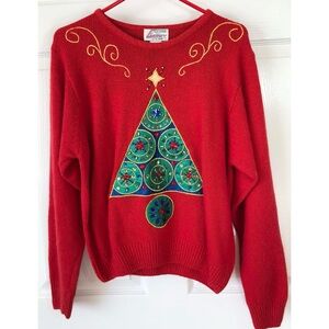 Vintage 80s De Rotchild Red Silk Angora Jeweled Ugly Christmas Tree Sweater M